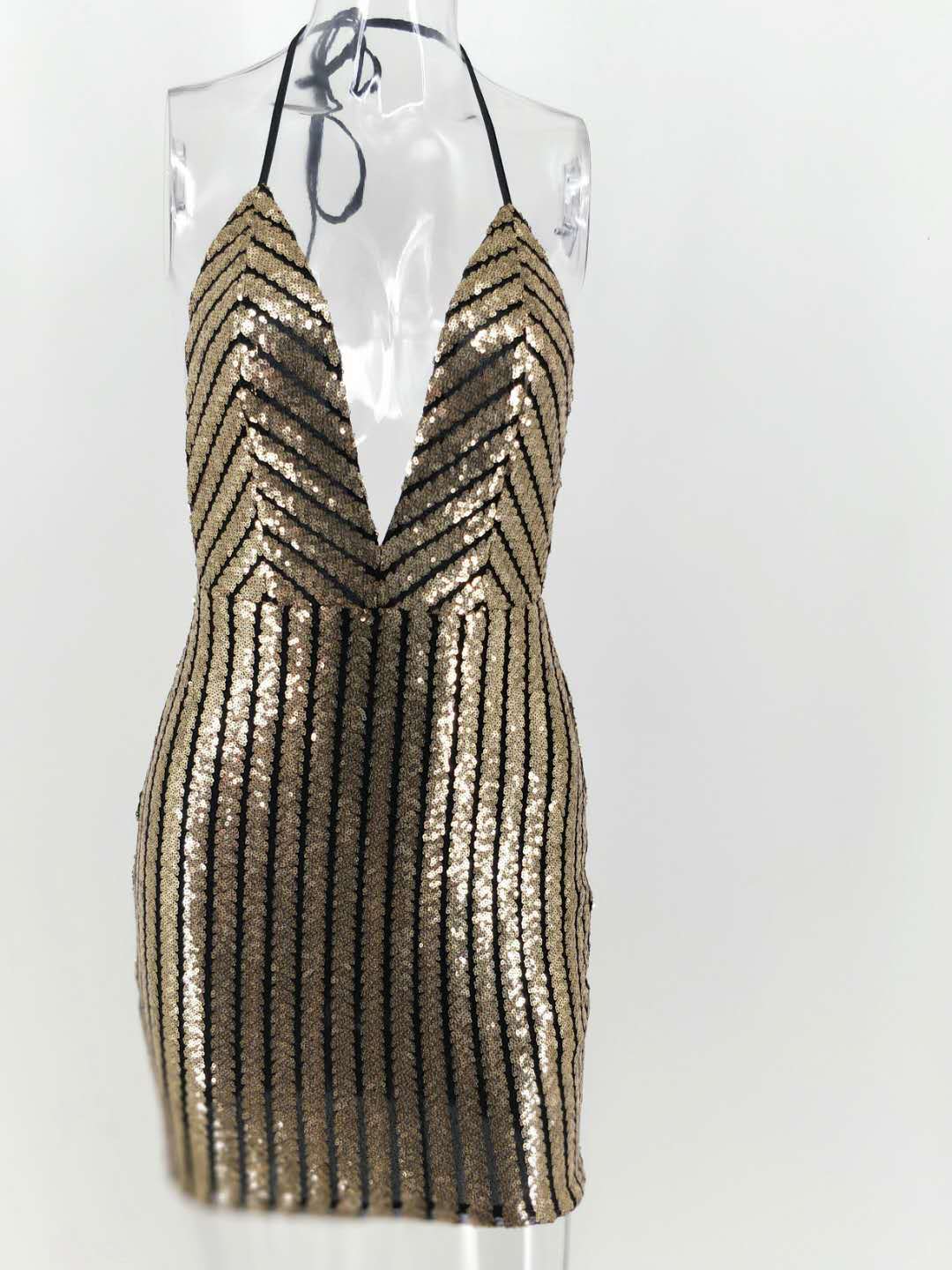 SZ60246 Sequins Halter V Neck Backless Striped Gold Club Dress